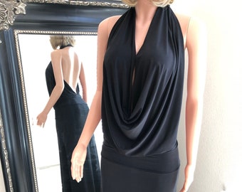Black Backless Lycra Halter Maxi Dress, Draped USA Made