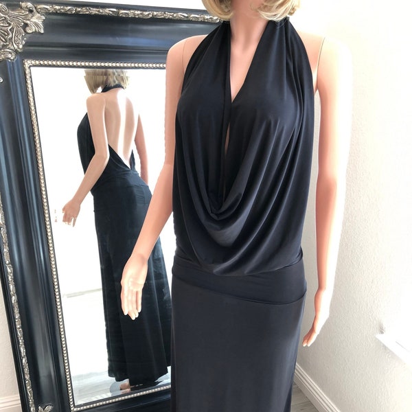 Black Backless Drape Halter Maxi Dress Bridesmaid Wedding Pick Your SIZE and COLOR Made in USA