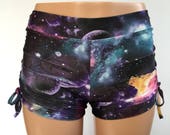 Hot Yoga Shorts - Cute Yoga Shorts - Plus Size Workout - Workout Shorts - Swimwear - SXYfitness - made in USA - Galaxy Yoga - Galaxy - Black