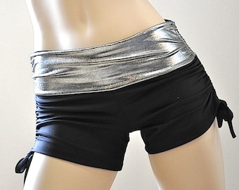 Metallic Hot Yoga Fitness Shorts Silver Metallic Festival Black SXYFITNESS USA