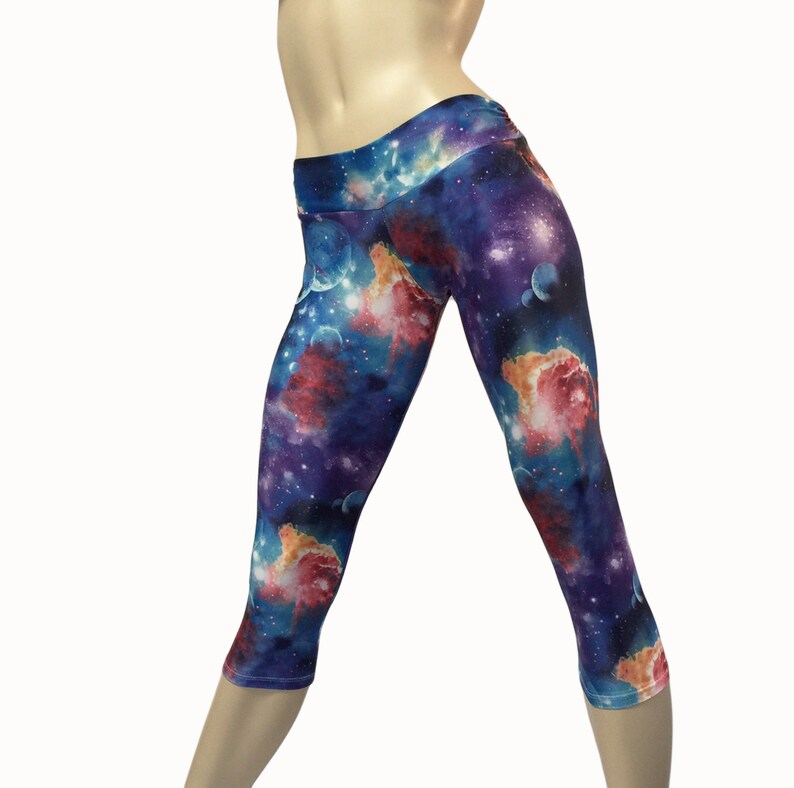 Galaxy Pants High Waist SXY Fitness Capri Handmade Yoga Pants Galaxy Workout Clothes Fold Over Hot Yoga Capri USA -
