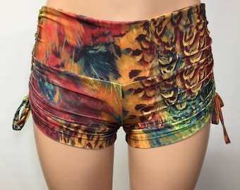 Feather Print Yoga Shorts – Adjustable Side Tie, Made in USA