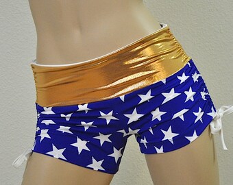 Super Hero Hot Yoga Shorts Blue and Gold Stars Low Rise SXYfitness - Made in USA