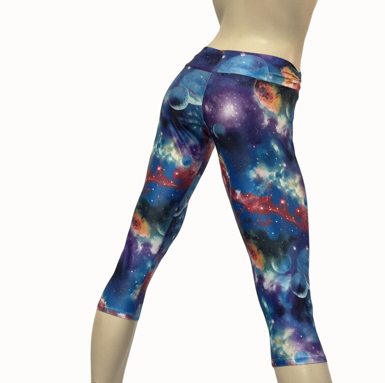 Galaxy Pants High Waist SXY Fitness Capri Handmade Yoga Pants Galaxy Workout Clothes Fold Over Hot Yoga Capri USA -