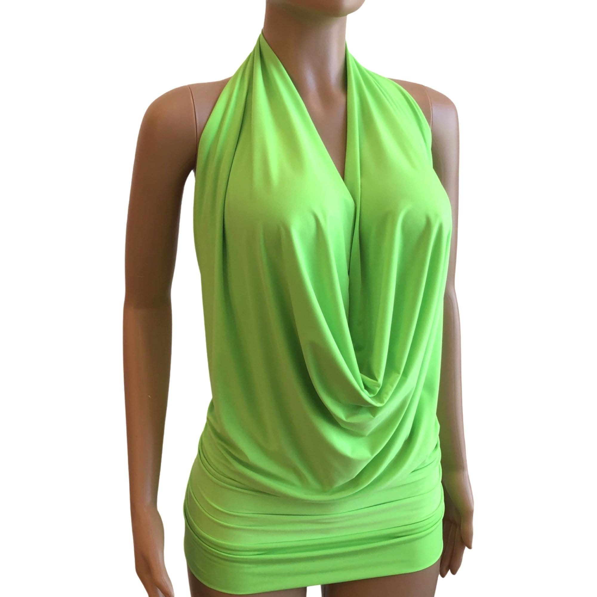 【Anyone more】Cowl Layered Halter Ribbon T-Shirt Lime Green Neon Drape Halter Top or Dress Pick Your SIZE and