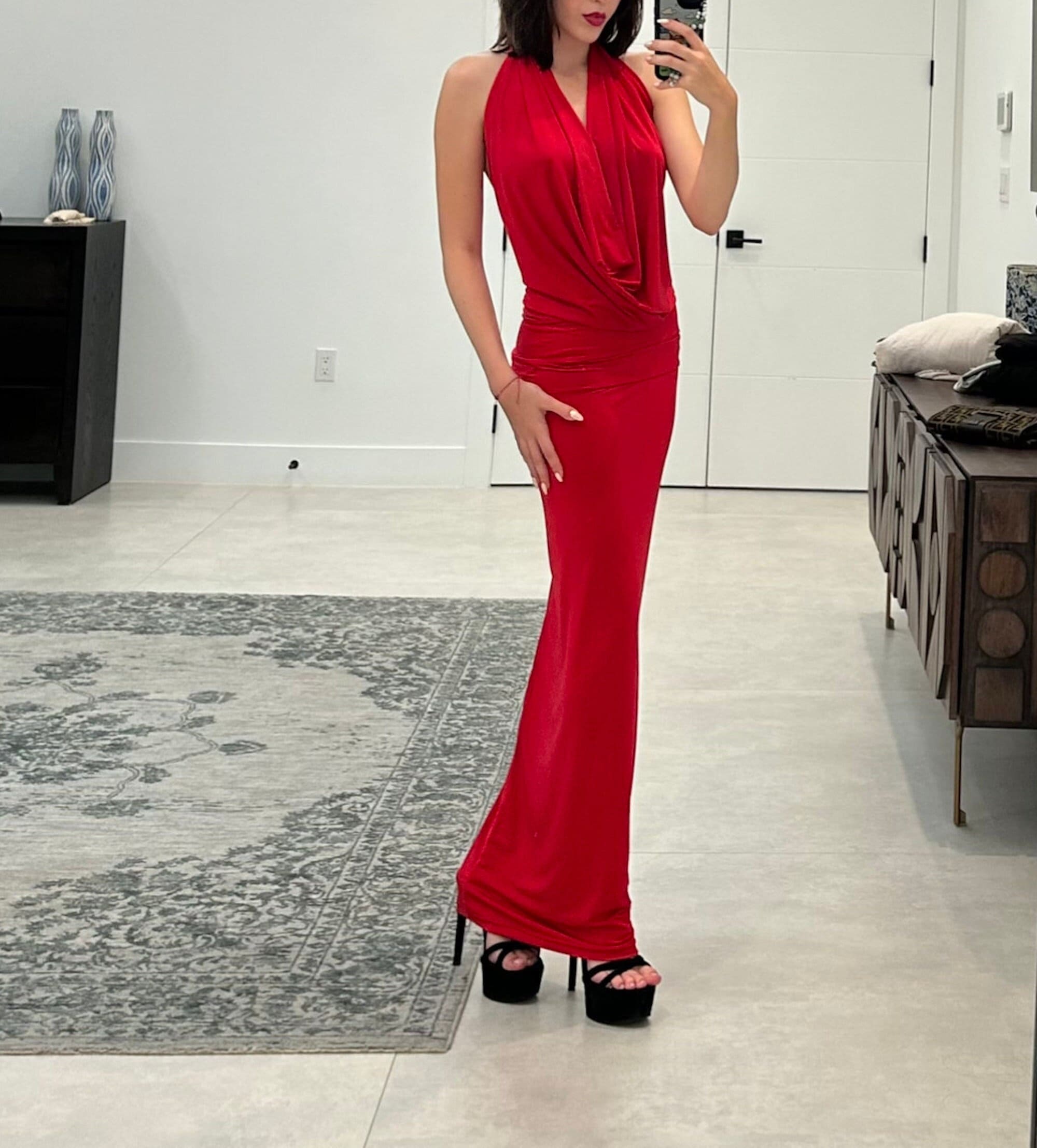 plus size red halter dress Backless Dress, Drape Lycra Maxi or Mini, Handmade in USA Halterneck dress