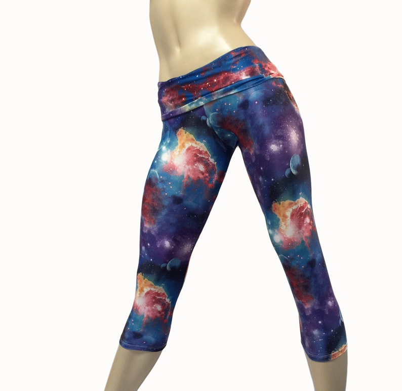 Galaxy Pants High Waist SXY Fitness Capri Handmade Yoga Pants Galaxy Workout Clothes Fold Over Hot Yoga Capri USA -