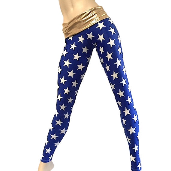 Super Hero Pants Blue Stars Gold Yoga Pants Hot Yoga Fitness High Waist  Pant Fold Over Legging SXY Fitness USA -  Canada