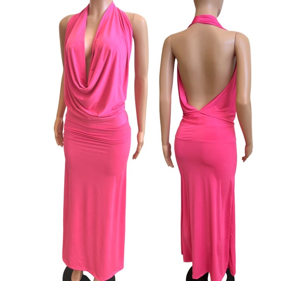 backless neon dress Pink Drape Cowl Halter Long Maxi Made in USA Rental type:7 days Neon Blue Features:Hook & Eye Closure Tulle Ballgown Wedding Dress