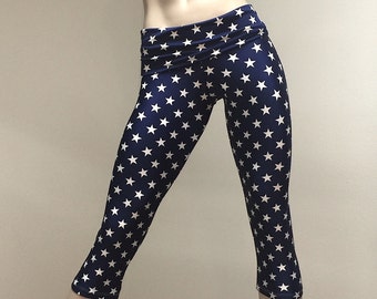 America Hot Yoga Fitness Capri Pantaloni Blue Stars Fold Over Wasit / Vita alta SXYfitness Made in USA