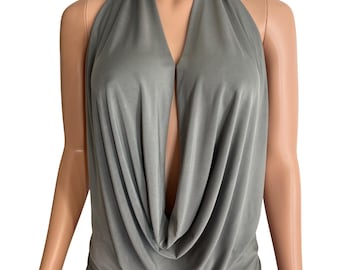 Metal Gray Drape Halter Top Cowl neckline short mini Dress – Backless Lycra Fabric Made in USA