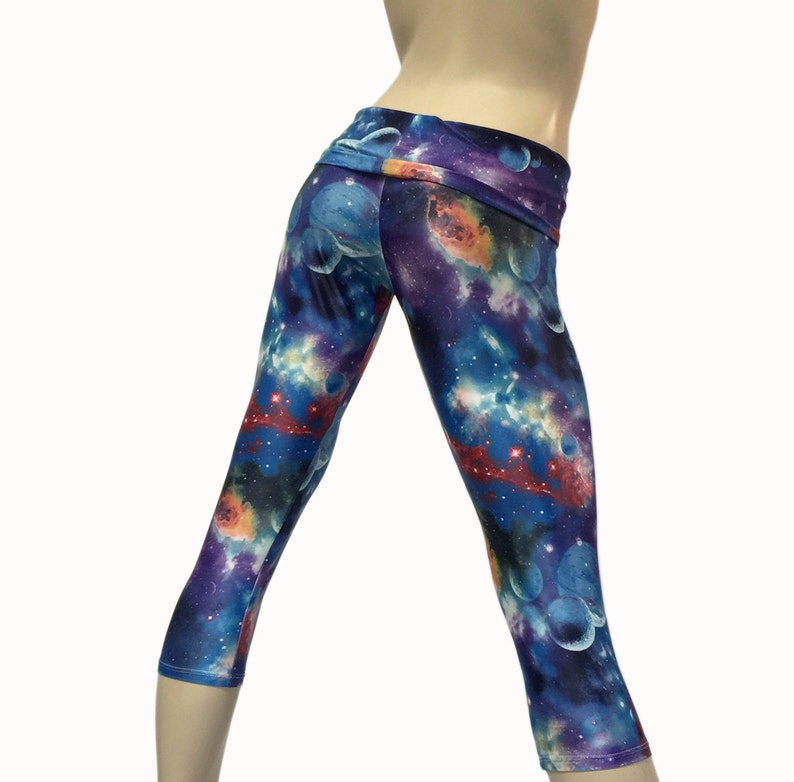 Galaxy Pants High Waist SXY Fitness Capri Handmade Yoga Pants Galaxy Workout Clothes Fold Over Hot Yoga Capri USA -