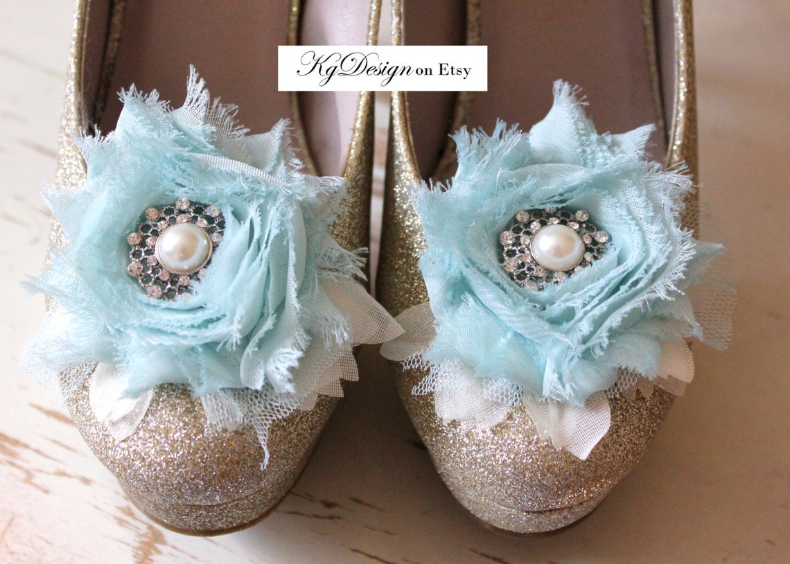 Cyan Blue and Ivory Chiffon Shoe Clips With Pearl/rhinestone - Etsy