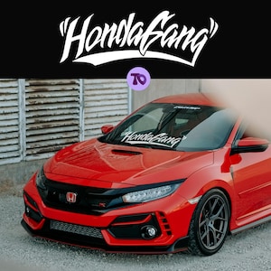 May include: A red Honda Civic Type R with a "Honda Gang" windshield banner. The car has black accents and black wheels.