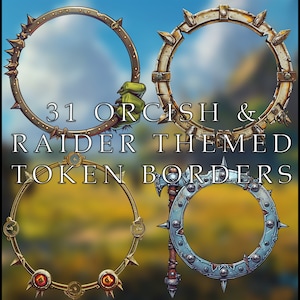 Könnte beinhalten: 31 Orcish & Raider Token-Rahmen. Ein Set mit 31 digitalen Token-Rahmen mit verschiedenen Orcish- und Raider-Themen. Die Rahmen sind kreisförmig und weisen eine Vielzahl von Designs auf, darunter Äxte, Schwerter und andere Waffen. Die Rahmen sind perfekt für den Einsatz in Brettspielen, Rollenspielen und anderen kreativen Projekten.