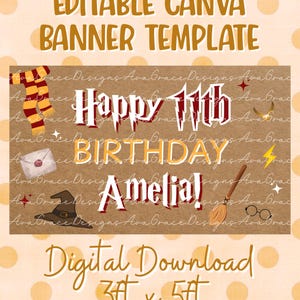 May include: A digital banner template with the text "Happy 11th Birthday Amelia!" in a stylized font, with themed illustrations. The banner is 3ft x 5ft and includes the words "Digital Download". The background is a light brown color.