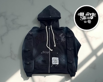 Men’s Retro Coat | Multi-Pocket Zipper Hoodie | Embroidered Letter Design | Casual Loose Sweatshirt | Stylish Streetwear Jacket