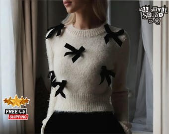 Women’s Warm Knitted Pullover | Slim-Fit Sweater with Elegant Bow | Long Sleeve Outerwear | Cozy Comfortable Fashion Attire