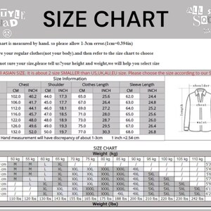 May include: Size chart for clothing with measurements in inches and centimeters. The chart includes chest, shoulder, clothes length, and sleeve length measurements for sizes M to 5XL. The chart also includes a weight conversion chart in kilograms and pounds.