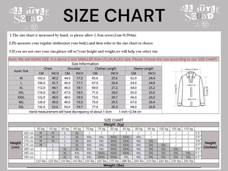 May include: Size chart for clothing with measurements in inches and centimeters. The chart includes chest, shoulder, clothes length, and sleeve length measurements for sizes M to 5XL. The chart also includes a weight conversion chart in kilograms and pounds.