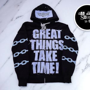 Sudadera con cremallera para hombre / Sudadera con estampado de letras gráficas / Estilo casual / Ajuste holgado con detalle de cadena / Ropa suave y cómoda