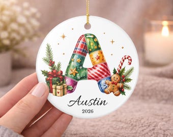 Personalized Alphabet Christmas Ornament, Custom Initial Ornament with Name & Year, Patchwork Letter Tree Decoration, Christmas Gift
