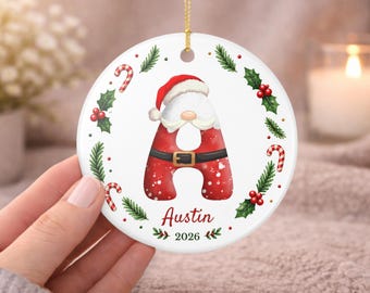 Personalized Santa Letter Ornament, Custom Alphabet Christmas Ornament, Gnome Initial Ornament, Name & Year Keepsake, Xmas Gift for Kids