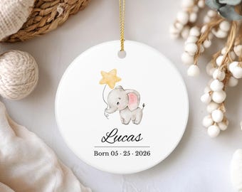 Personalized Baby Birth Ornament, Custom Newborn Name Keepsake, Elephant Baby Ornament, New Baby Gift