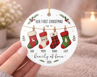 Personalized Family Christmas Ornament, Our First Christmas as a Family, Custom Stocking Ornament, New Family Gift, Christmas Tree Decor