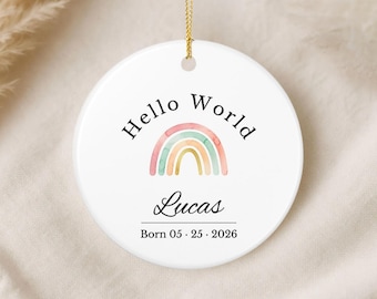 パーソナライズされたHello Worldベビーオーナメント、カスタム新生児レインボー記念品、赤ちゃん誕生名オーナメント、性別を問わないベビーシャワーギフト