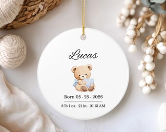 Personalized Baby Boy Birth Ornament, Custom Newborn Name & Birth Details Keepsake, Baby Shower Gift, Ceramic Nursery Ornament