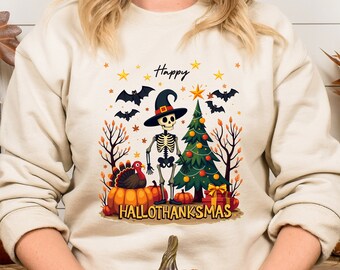 Happy Hallothanksmas Sweatshirt: Lustiges Halloween Thanksgiving Weihnachts-T-Shirt
