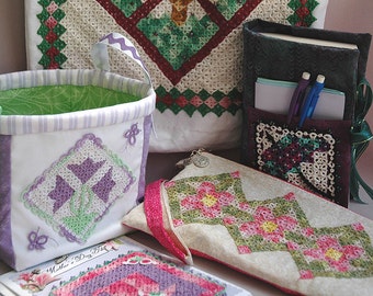 A Season of Tatted Mini Quilts PDF Pattern - Spring, directions for purse, book cover, tote, basket,and card