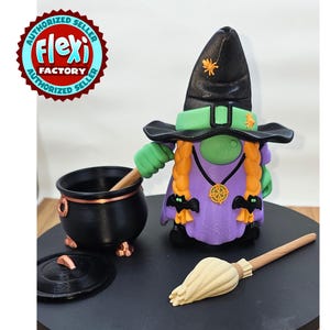 Articulated Witch Gnome – 3D Printed Halloween Decor | Flexi Factory Design with Broom, Cauldron & Spoon | Spooky Gift