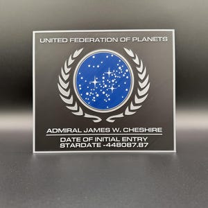 Personalized Star Trek United Federation of Planets Custom Placard – Personalized Rank, Name, & Stardate Sign