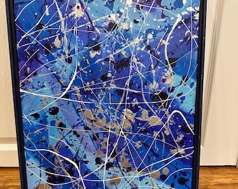 Shades of Blue Hand-Painted Canvas Art in Handmade Wood Frame
