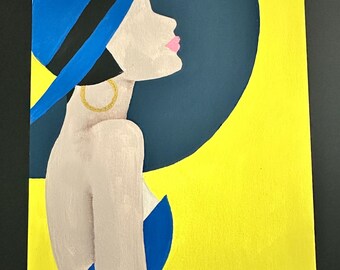 Hand Painted Fashion Woman Portrait: Blue & Yellow, 11x14 Canvas Art