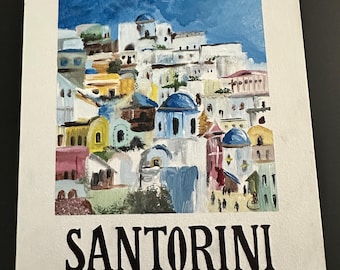 Santorini Greece Painting: Hand-Painted Canvas Art, Travel Souvenir