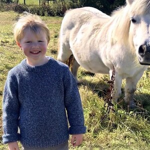 Peut inclure: Un enfant aux cheveux blonds portant un pull à manches longues et col rond en tricot bleu chiné texturé. Le pull présente un col et des poignets côtelés, offrant une allure classique. À côté de l'enfant se tient un poney blanc.