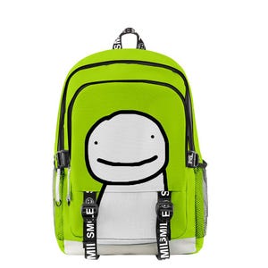 May include: A lime green backpack with a white cartoon face with a smile and black eyes. The backpack has black straps and black zipper pulls. The straps have the text "MILL SMILE" printed on them.