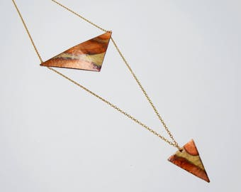 Double Triangle Necklace, Hammered Copper Triangle Necklace, Long Triangle Necklace, Geometric Necklace, Metal Statement Necklace