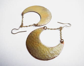 Gold Crescent Moon Earrings, Hammered Copper Moon Earrings, Metal Moon Earrings, Gold Half Moon Earring, Gold Bridal Earring