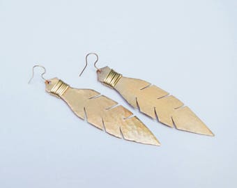 Gold Feather Earrings, Wire Wrapped Copper Earrings, Hammered Metal Earrings, Bridal Earrings, Bridesmaid Earrings, Boho Feather