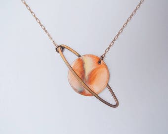 Small Saturn Necklace, Capricorn Necklace, Aquarius Necklace, Hammered Copper Necklace, Zodiac Necklace, Planet Necklace, Birthday Necklace