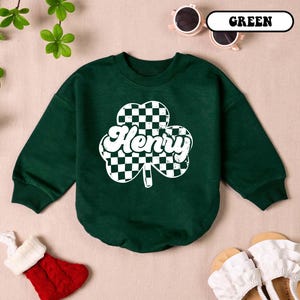 St Patricks Day Clover Leaf with Name baby Romper, Lucky Charm Baby Outfits, Irish Patrick&#39;s Day Gift, Shamrock baby, Custom name,lucky baby