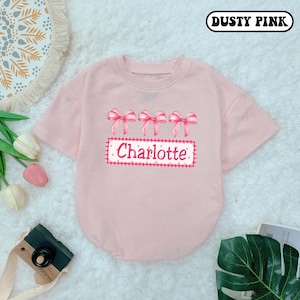 Personalized Name Girl Pink Bow Bubble Romper, Coquette Bow, Newborn girl clothes, Baby girl outfits, Mothers Day Gifts, Short Sleeve