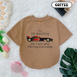 Shh I&#39;m Watching the Race with Mommy & Daddy Baby Romper, Pit Crew Bodysuit, Race Car Outfits, Baby Shower Gift, Racing with Daddy
