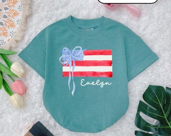 Bow Preppy American Flags Baby Romper, Custom Name Girl Baby Clothes, American baby Outfit, Preppy Patriotic, Baby shower Gift, 4th of July