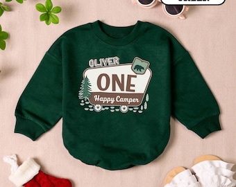 Custom One Happy Camper Baby Romper, Camping 1st Birthday Outfit, First Birthday Boy, Adventure Baby Clothes, 1st Birthday, Camping Crew