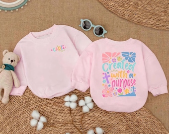 Gepersonaliseerde babyromper met de tekst "Created With A Purpose", christelijke religieuze babykleding, christelijke kinderkleding voor meisjes, eerste kerstcadeau voor de baby